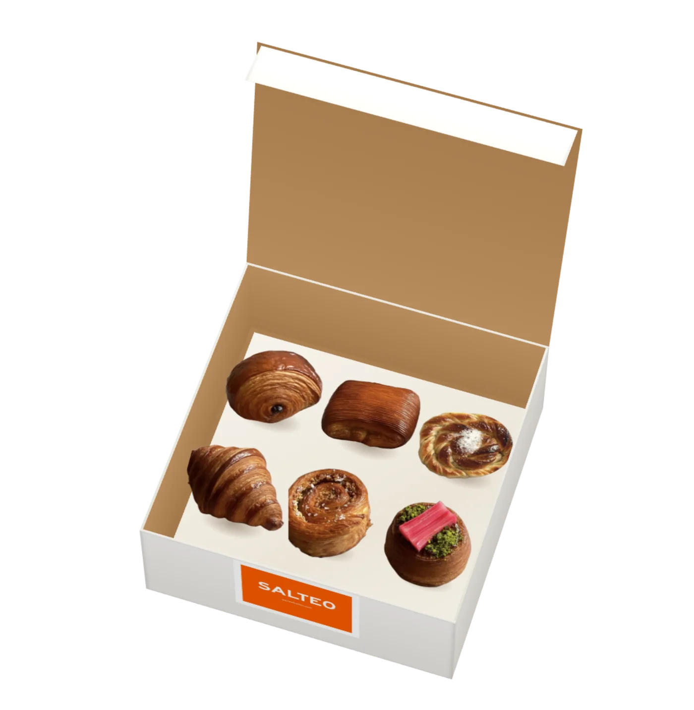 An open white Salteo box with six pastries in two rows: pain au chocolat, a laminated square and a sugar twist at the back; a croissant, an oat and sea salt swirl and a rhubarb and pistachio cup at the front; the orange Salteo label on the front